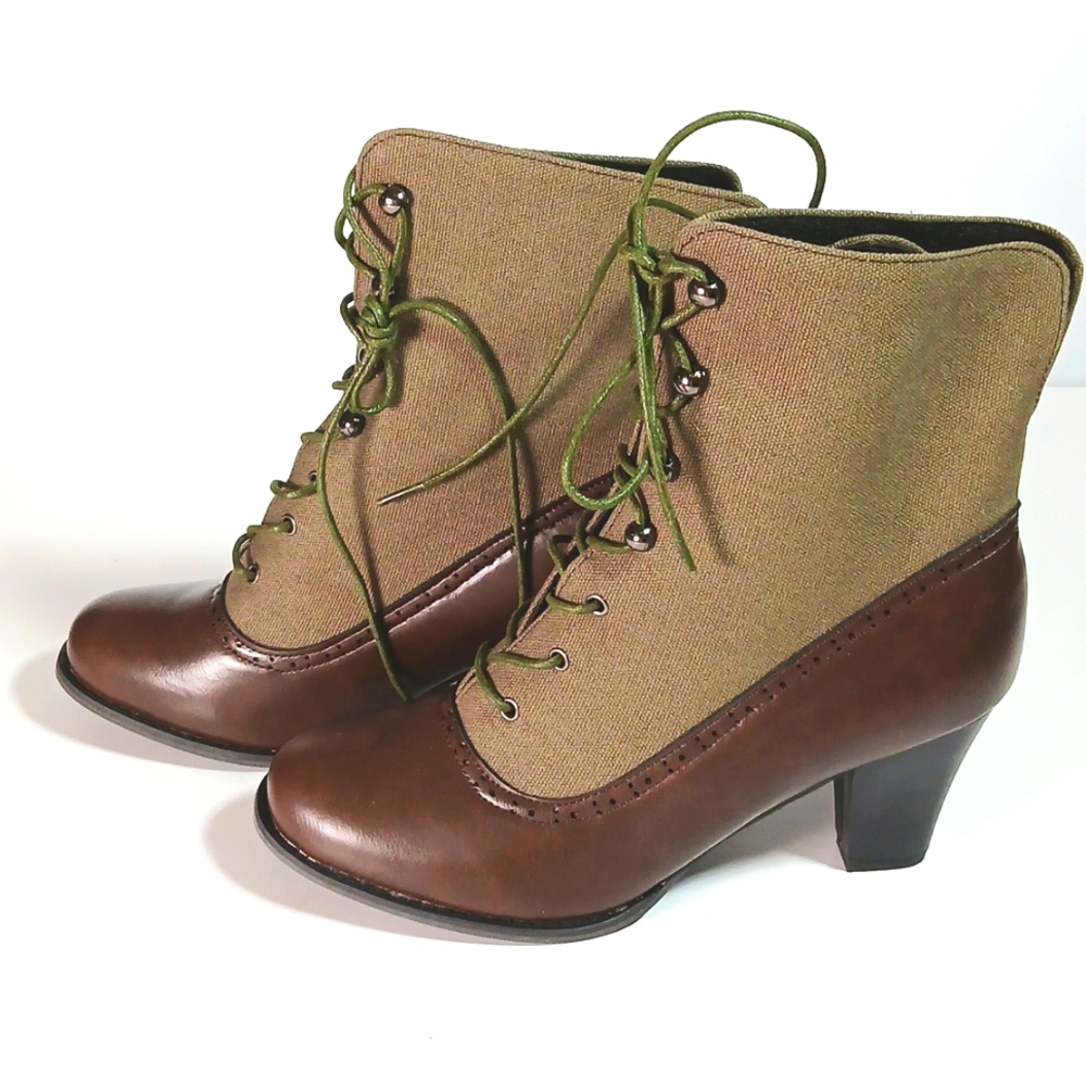 🥿 Victorian Lace Up Boots Green Canvas Brown Vegan Leather Size EU 40 Vintage - Picture 3 of 10